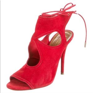 Aquazzura Red Suede Lace-Up Bootie Heels Size 39 Peep Toe